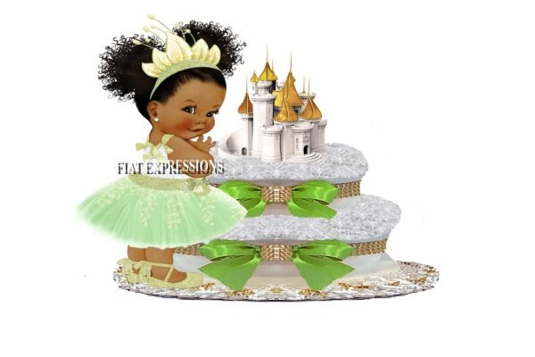 Princess and Castle Green Diaper Cake, 2Tier Diaper Cake, Princess Tiana Themed Diaper Cake, Baby Shower Centerpiece & Gift