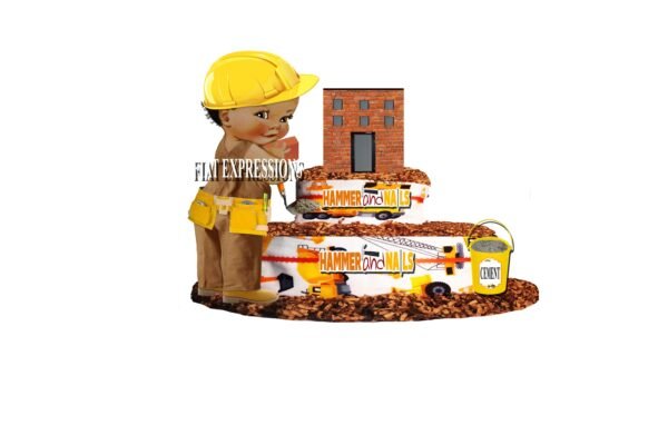 Construction Diaper Cake, 2 Tier Diaper Cake, Construction Baby Shower Centerpiece & Gift