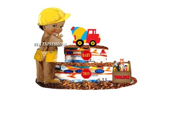 Construction and Cement Truck Diaper Cake, 2 Tier Diaper Cake, Construction Baby Shower Centerpiece & Gift