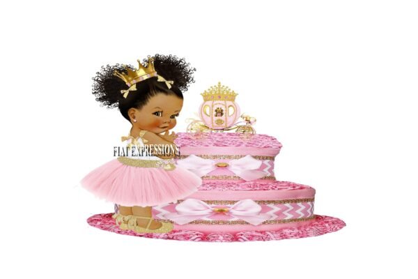 Princess with Bear in Carriage Pink Diaper Cake, 2 Tier Burp Cloth Diaper Cake, Princess Baby Shower Centerpiece and Gift