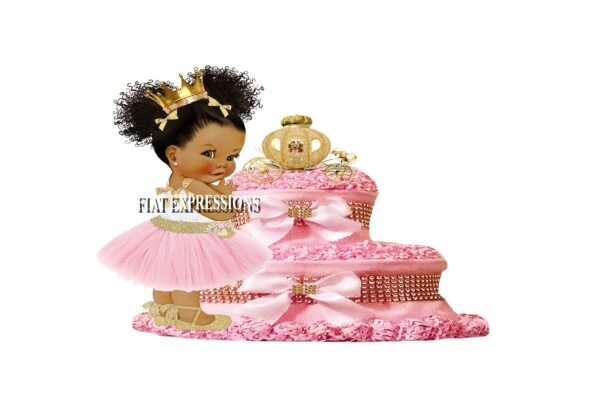 Princess Pink & Gold with Carriage and Bear Diaper Cake, 2 Tier Gold Diaper Cake, Princess Baby Shower Centerpiece and Gift