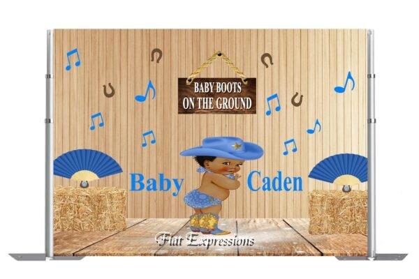 Baby Boots on the Ground Blue and Brown Baby Shower Backdrop Digital File, Baby Shower Brown & Red Poster, Photo Prop, Baby Shower Sign