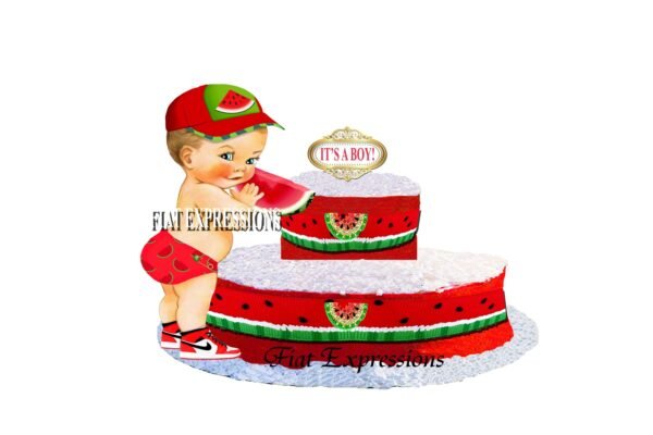 Watermelon Boy Red Diaper Cake, 2 Tier Diaper Cake, Baby Shower Centerpiece and Gift