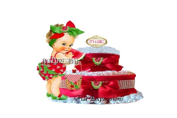 Watermelon Girl Diaper Cake, 2 Tier Diaper Cake, Red Diaper Cake, Baby Shower Centerpiece and Gift