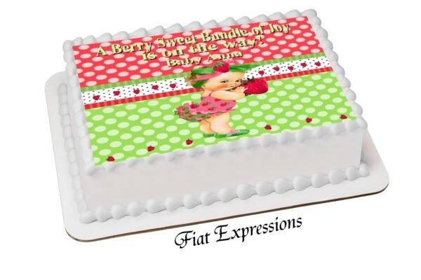 Strawberry Girl Baby Shower Edible Cake Image Digital File, Strawberry Pink & Green Polka Dots Edible Cake Image Digital File