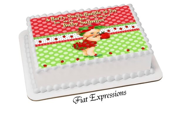 Strawberry Girl Red Baby Shower Edible Cake Image Digital File, Strawberry Red & Green Polka Dots Edible Cake Image