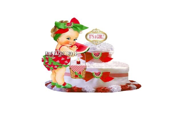 Watermelon Diaper Cake, 2 Tier Diaper Cake, Girl with Basket Diaper Cake, Baby Shower Centerpiece and Gift