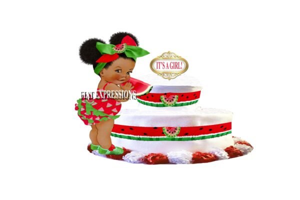 Watermelon Diaper Cake, 2 Tier Diaper Cake, Girl with Basket Diaper Cake, Baby Shower Centerpiece and Gift