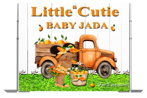 Little Cutie Orange Girl & Truck Baby Shower Poster Backdrop Digital File DIGITAL