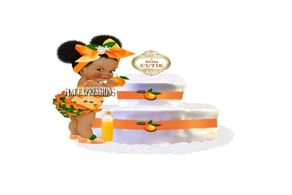 A Little Cutie Orange Girl & Baby Bottle Diaper Cake, 2 Tier Diaper Cake, Little Cutie Orange Baby Shower Centerpiece and Gift