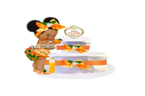 A Little Cutie Orange Girl with Baby Bottle Diaper Cake, 2 Tier Diaper Cake, Little Cutie Orange Baby Shower Centerpiece and Gift
