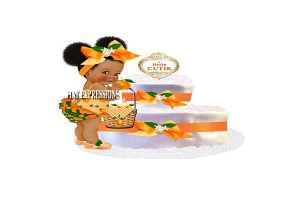 A Little Cutie Orange Girl with Basket Diaper Cake, 2 Tier Diaper Cake, Little Cutie Orange Baby Shower Centerpiece and Gift