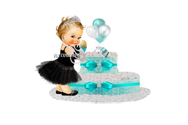 Breakfast at Tiffany's Girl Cupcake Diaper Cake, 2 Tier Diaper Cake, Breakfast at Tiffany's Baby Shower Centerpiece and Gift