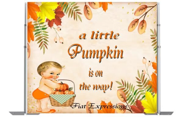 Pumpkin Boy with Basket Orange Baby Shower Backdrop, Autumn Baby Shower Backdrop, Fall Baby Shower Backdrop, Poster Digital File DIGITAL