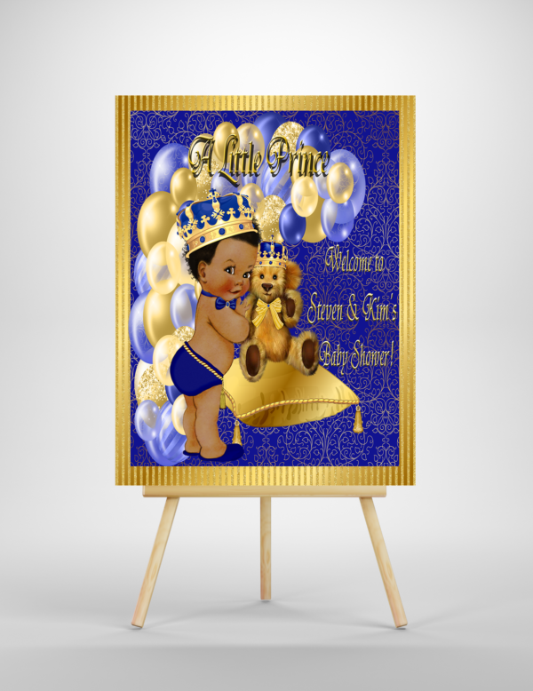 Prince Teddy Bear Royal Blue Gold Paisley Stripes Baby Shower Welcome Sign