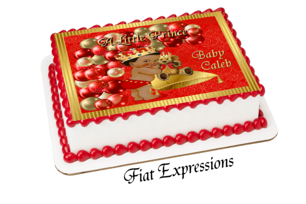 Prince Teddy Bear Red Gold Paisley Stripes Baby Shower Edible Cake Image