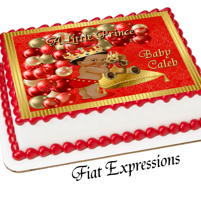 Prince Teddy Bear Red Gold Paisley Stripes Baby Shower Edible Cake Image