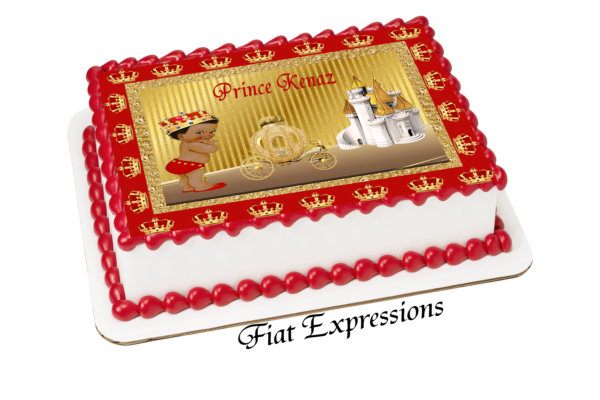Prince Crowns Red Gold Paisley Stripes Baby Shower Edible Cake Image