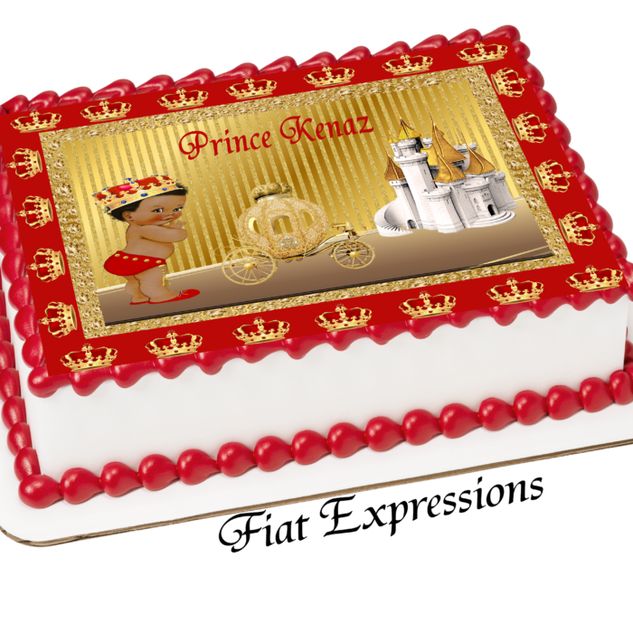 Prince Crowns Red Gold Paisley Stripes Baby Shower Edible Cake Image