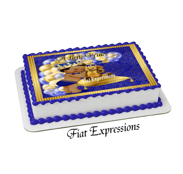 Prince Teddy Bear Royal Blue Gold Paisley Stripes Baby Shower Edible Cake Image