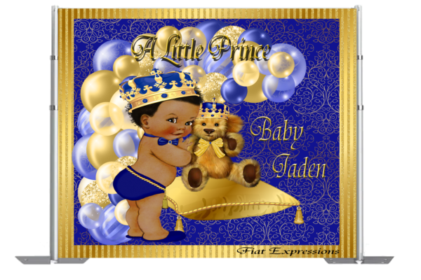 Prince Teddy Bear Royal Blue Gold Paisley Stripes Baby Shower Backdrop